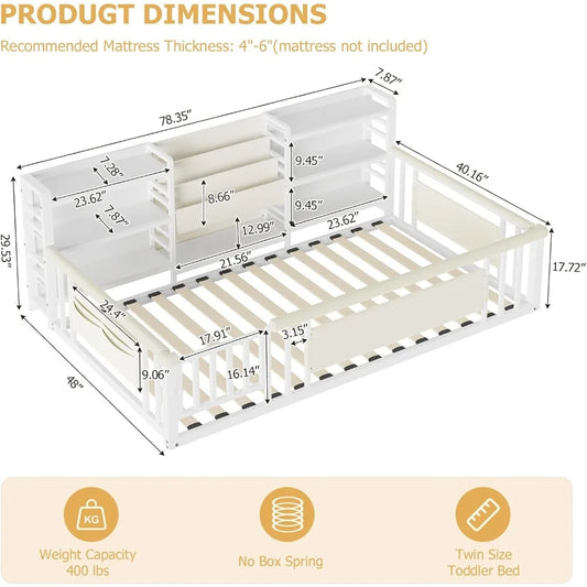 Twin Floor Bed with Storage Bookcase and Shelves