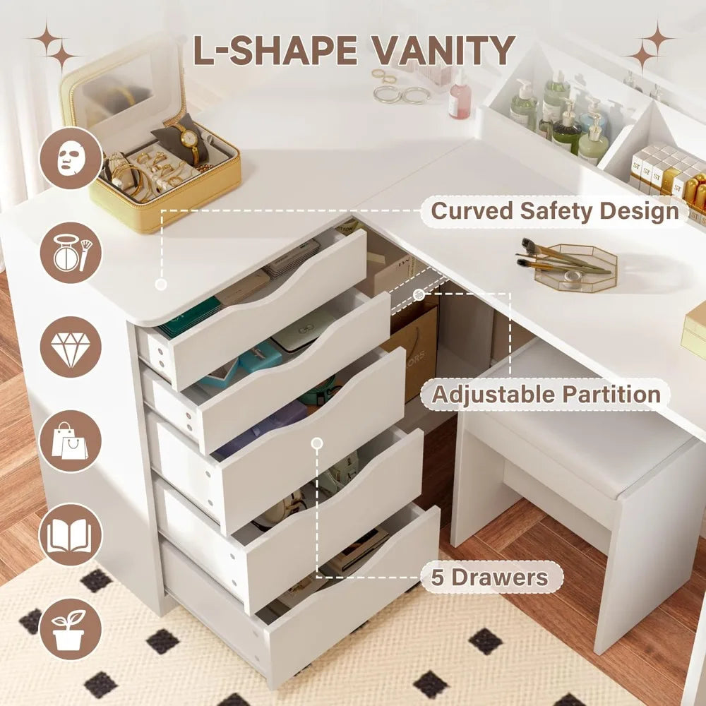 LED Lighted L-Shaped Vanity Desk with Power Outlet