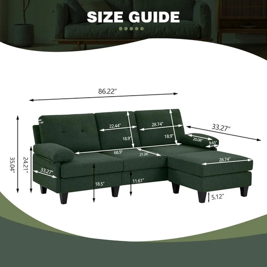 86 inch convertible l-shaped sectional sofa with reversible chaise and polyester fiber
