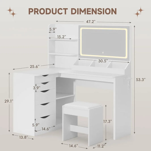 LED Lighted L-Shaped Vanity Desk with Power Outlet
