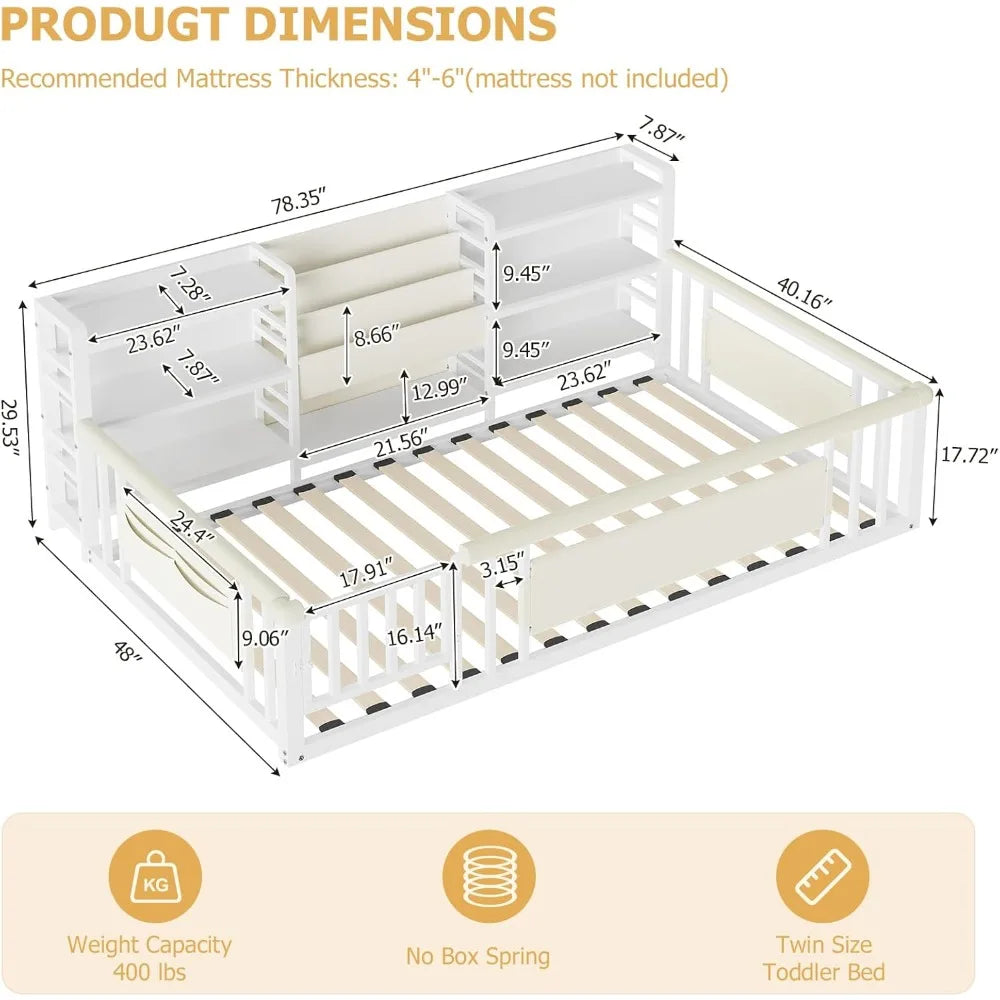Twin Floor Bed with Storage Bookcase and Shelves