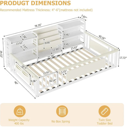 Twin Floor Bed with Storage Bookcase and Shelves