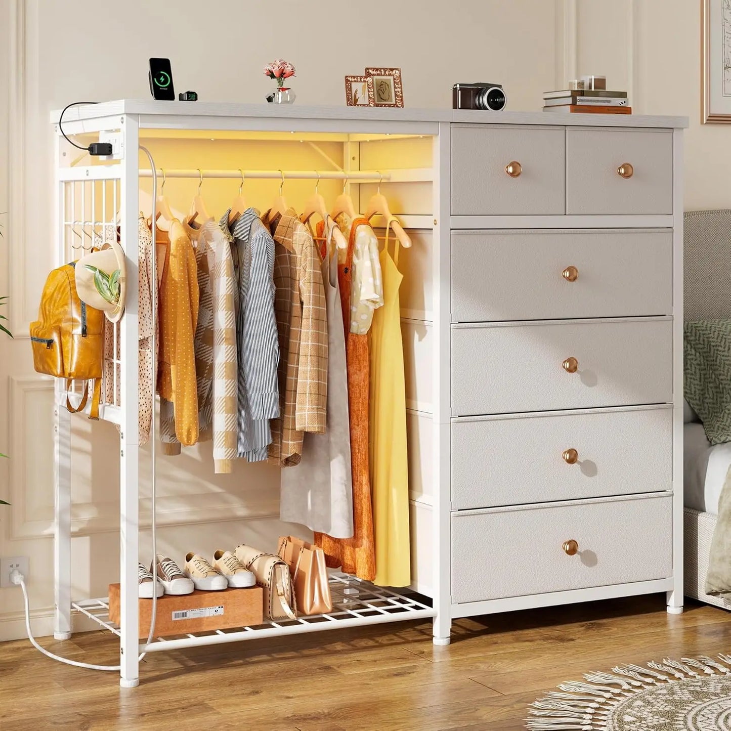 49.2" W White Dresser for Bedroom with Hanging Rack