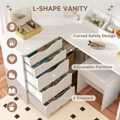 LED Lighted L-Shaped Vanity Desk with Power Outlet