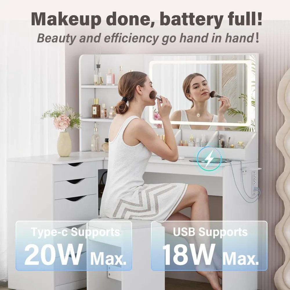 LED Lighted L-Shaped Vanity Desk with Power Outlet
