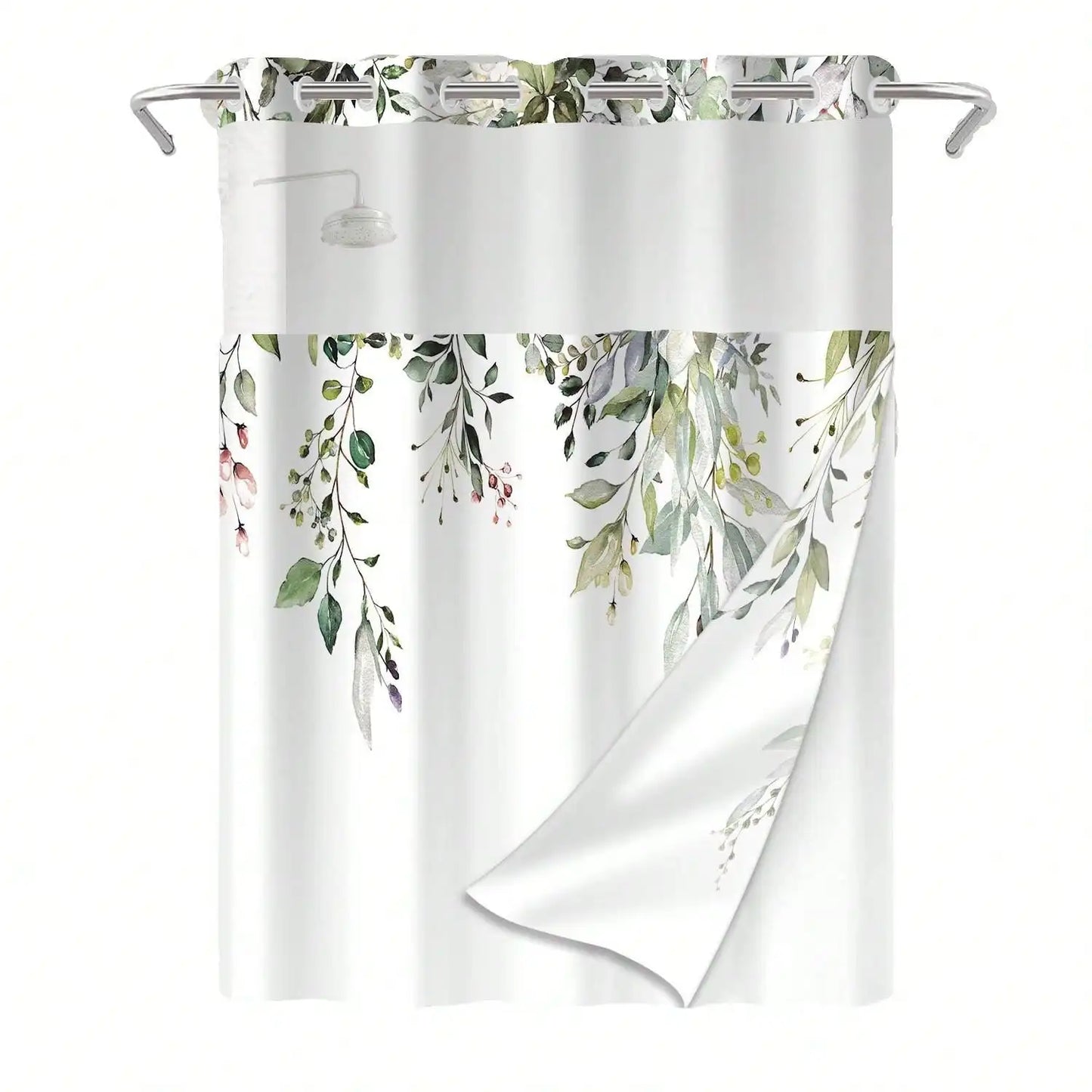 Plants Pattern No Hook Waterproof Shower Curtain