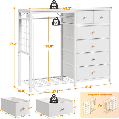 49.2" W White Dresser for Bedroom with Hanging Rack