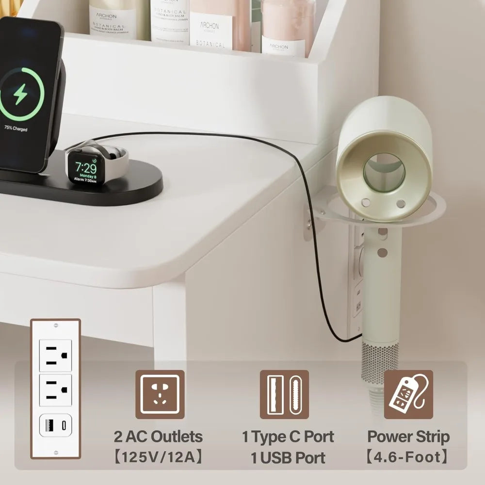 LED Lighted L-Shaped Vanity Desk with Power Outlet