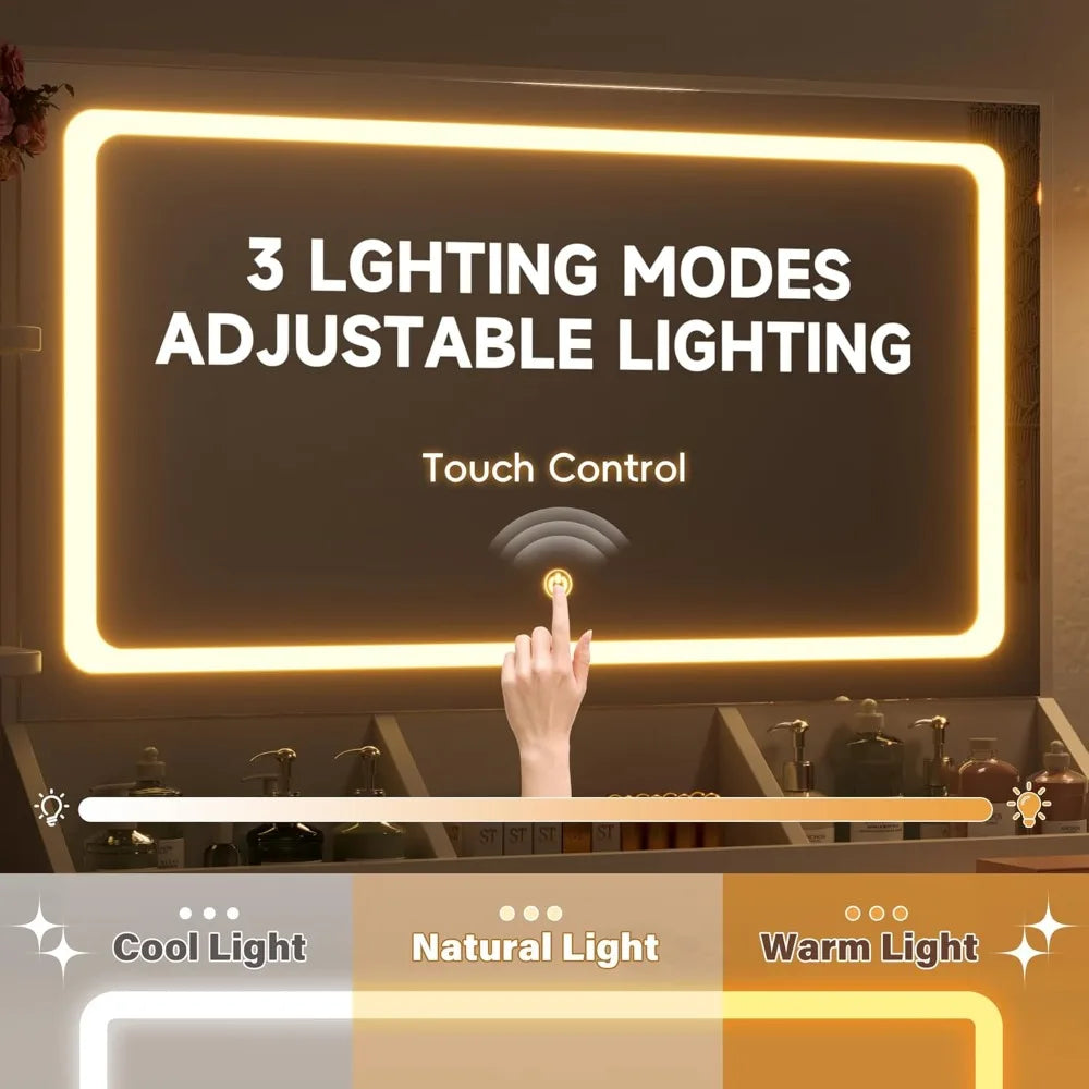 LED Lighted L-Shaped Vanity Desk with Power Outlet