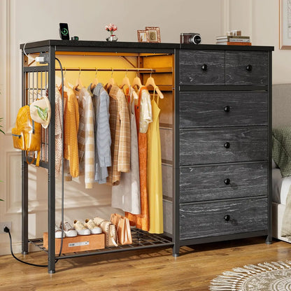 49.2" W White Dresser for Bedroom with Hanging Rack