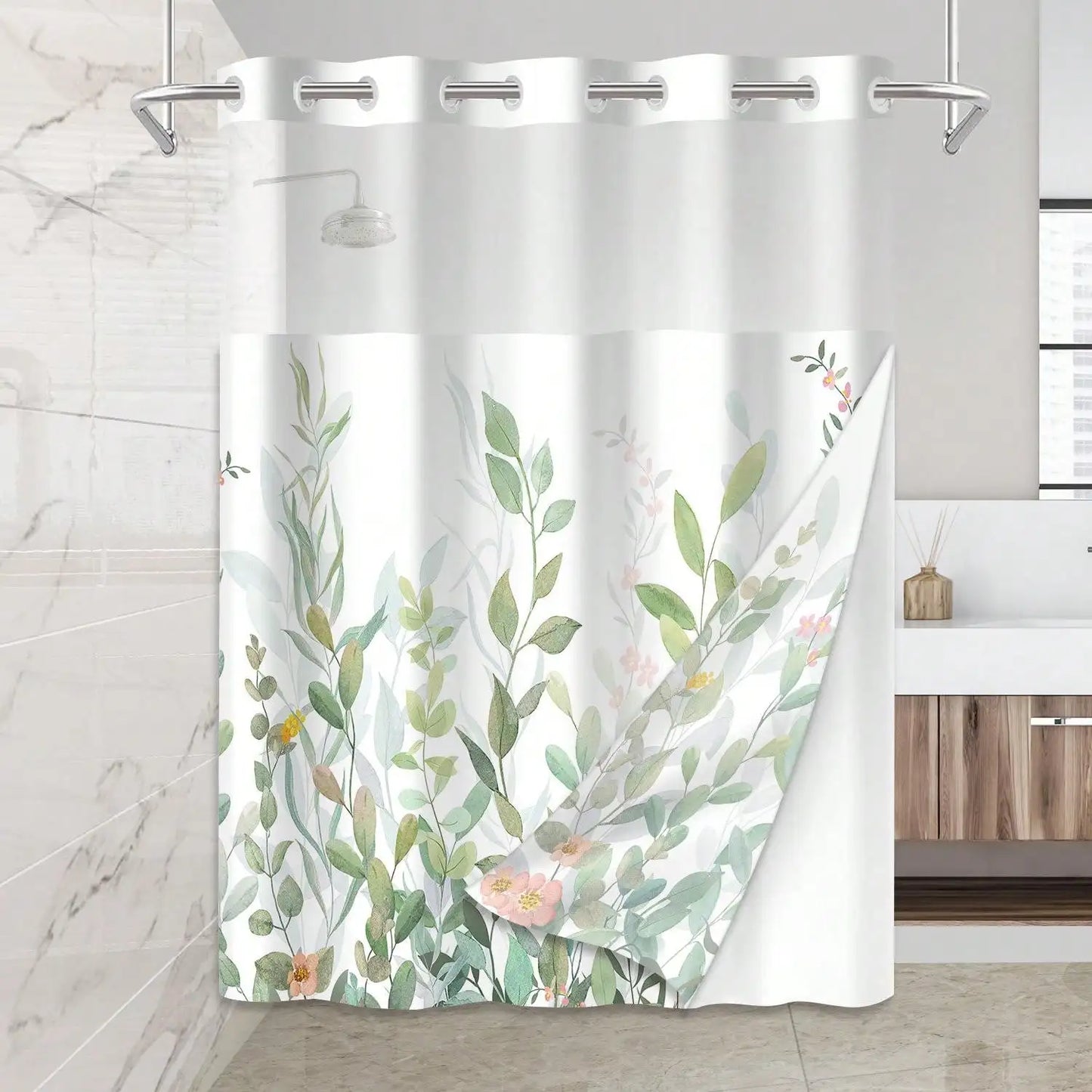 Plants Pattern No Hook Waterproof Shower Curtain