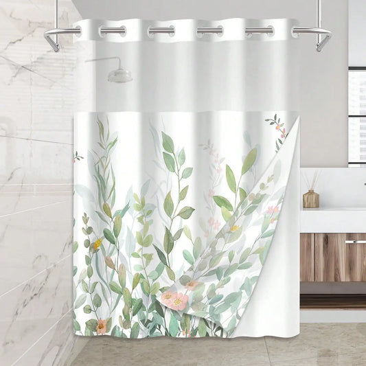 Plants Pattern No Hook Waterproof Shower Curtain
