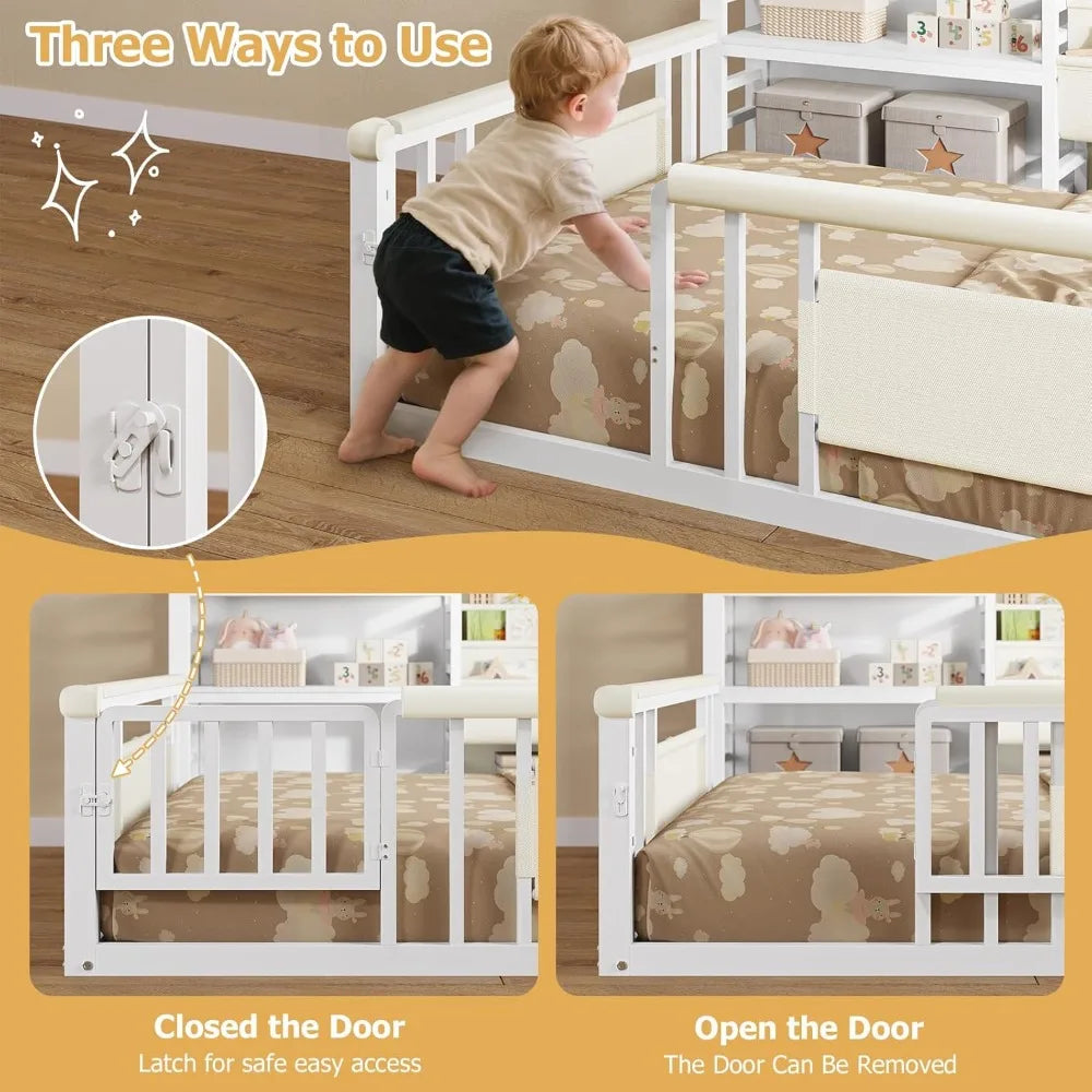 Twin Floor Bed with Storage Bookcase and Shelves