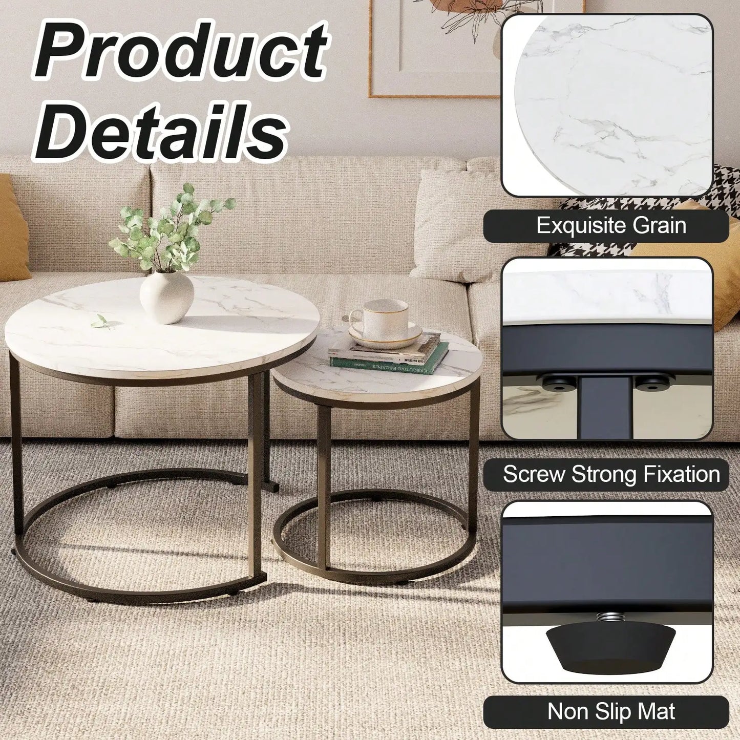 Round Nesting Coffee Table Side Table Set of 2