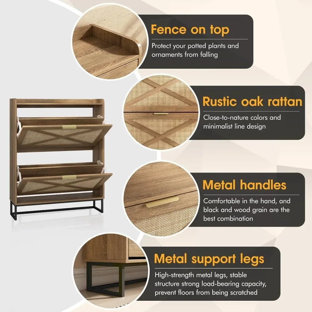 Shoe Storage Cabinet with 2 Rattan Flip Drawers
