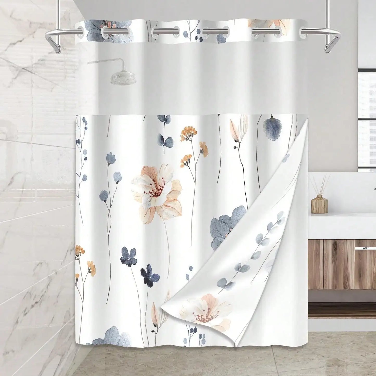 Plants Pattern No Hook Waterproof Shower Curtain