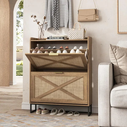 Shoe Storage Cabinet with 2 Rattan Flip Drawers