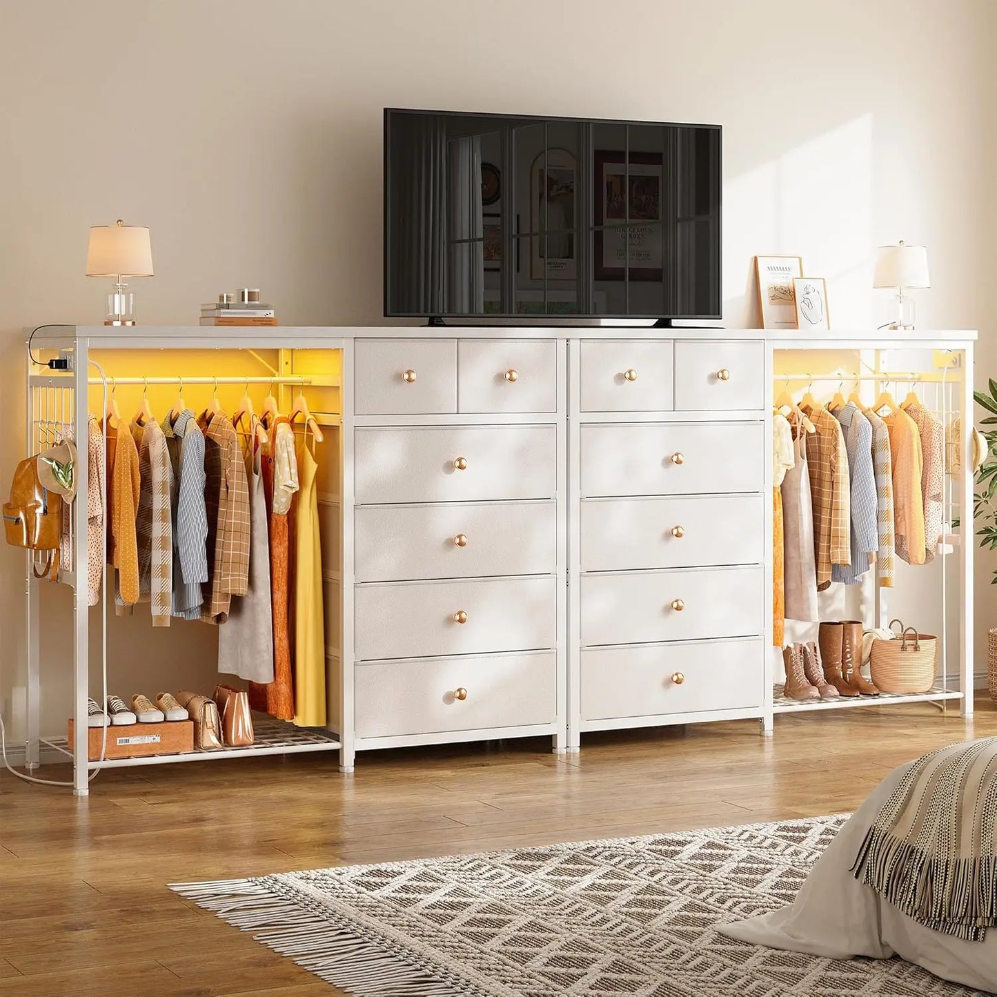 49.2" W White Dresser for Bedroom with Hanging Rack