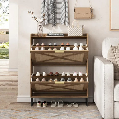 Shoe Storage Cabinet with 2 Rattan Flip Drawers