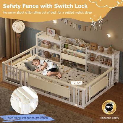 Twin Floor Bed with Storage Bookcase and Shelves